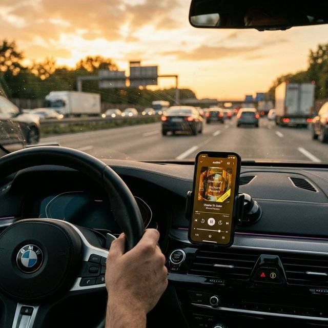 A smartphone playing an audiobook on a car dashboard during a busy commute