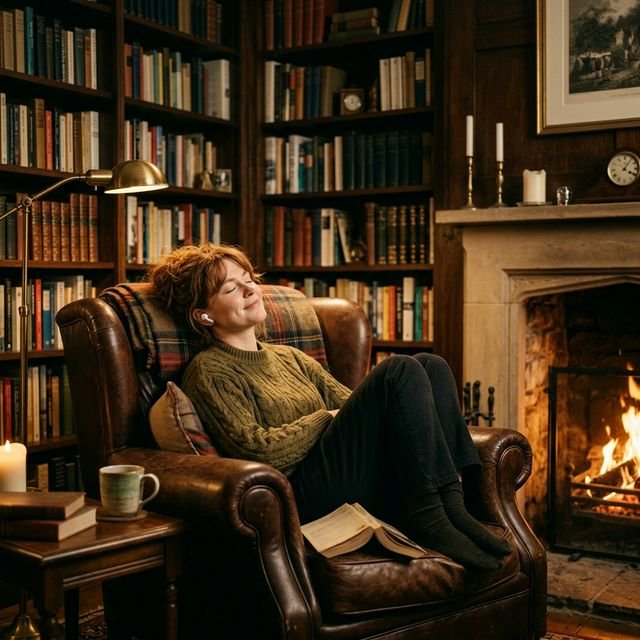 A reader happily engrossed in a huge fantasy novel while wearing wireless earbuds in a cozy library