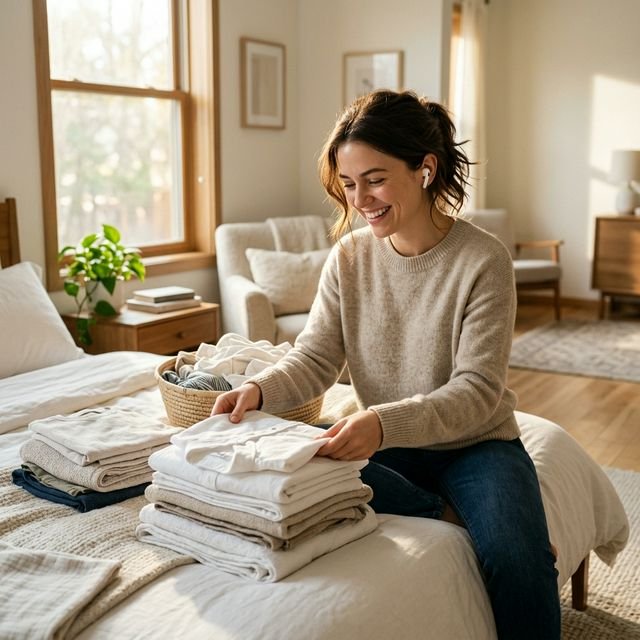 A person happily listening to an audiobook while folding laundry