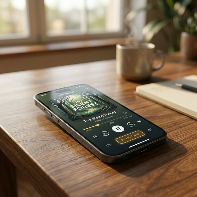 Close-up of an audiobook player app running at 1.5x speed on a smartphone