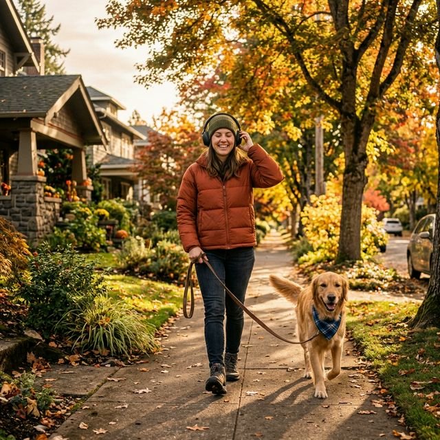 A person walking a golden retriever dog while listening to an audiobook