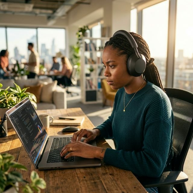 Deeply focused listener wearing headphones absorbing information quickly