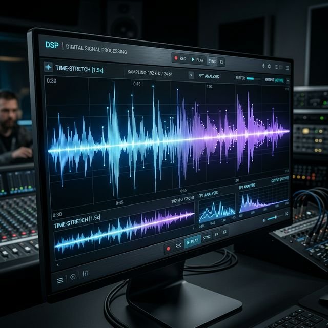 Digital sound waves visually demonstrating time-stretching DSP algorithms